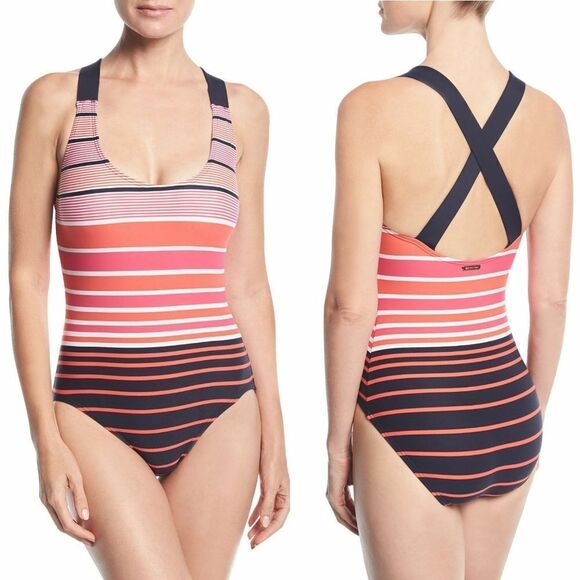 New! MICHAEL KORS Cross-back Women's Striped One-Piece Swimsuit Bathing Suit 12 - Picture 1 of 6